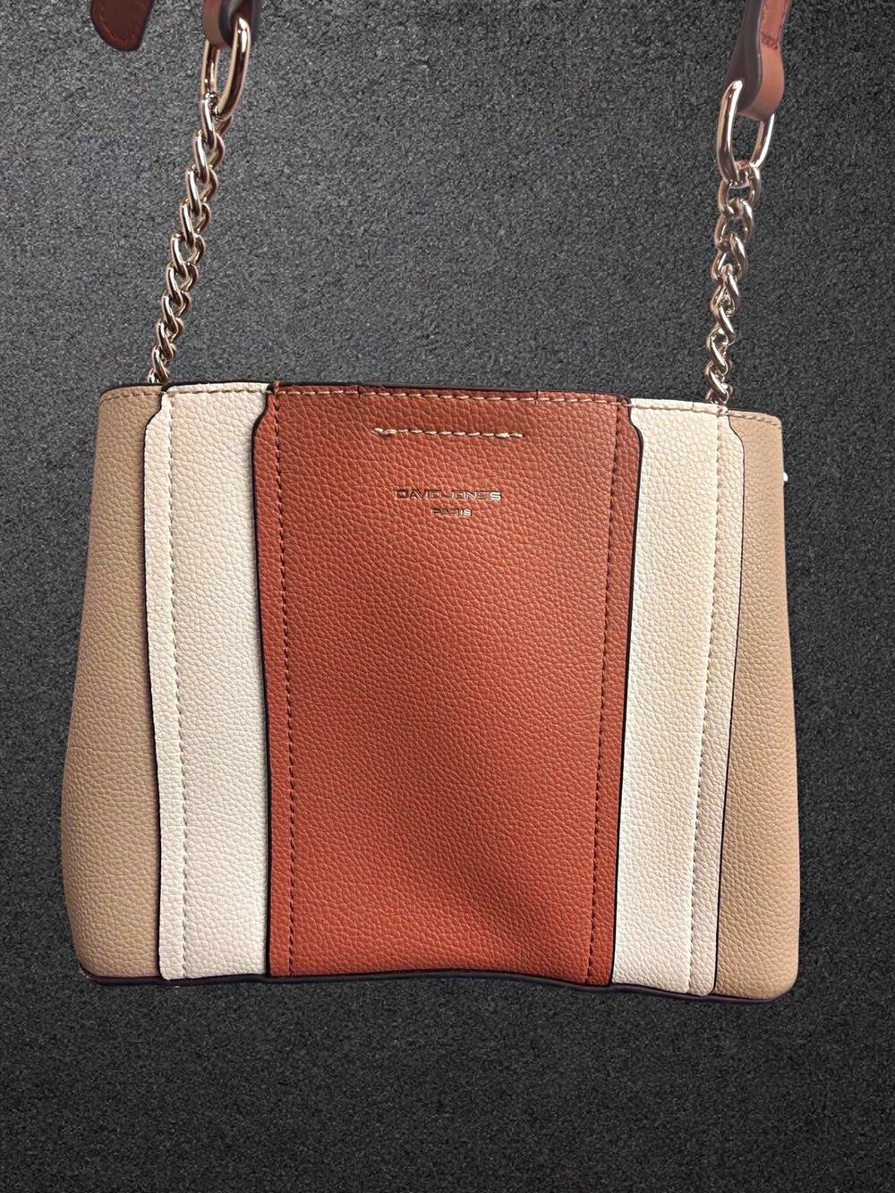 David Jones Colorblock Pebbled Crossbody Bag Zip w/ Chain Strap Silver Pockets